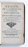 ENLIGHTENMENT  BROSSES, CHARLES DE.  Traité de la Formation Méchanique des Langues. 2 vols. 1765